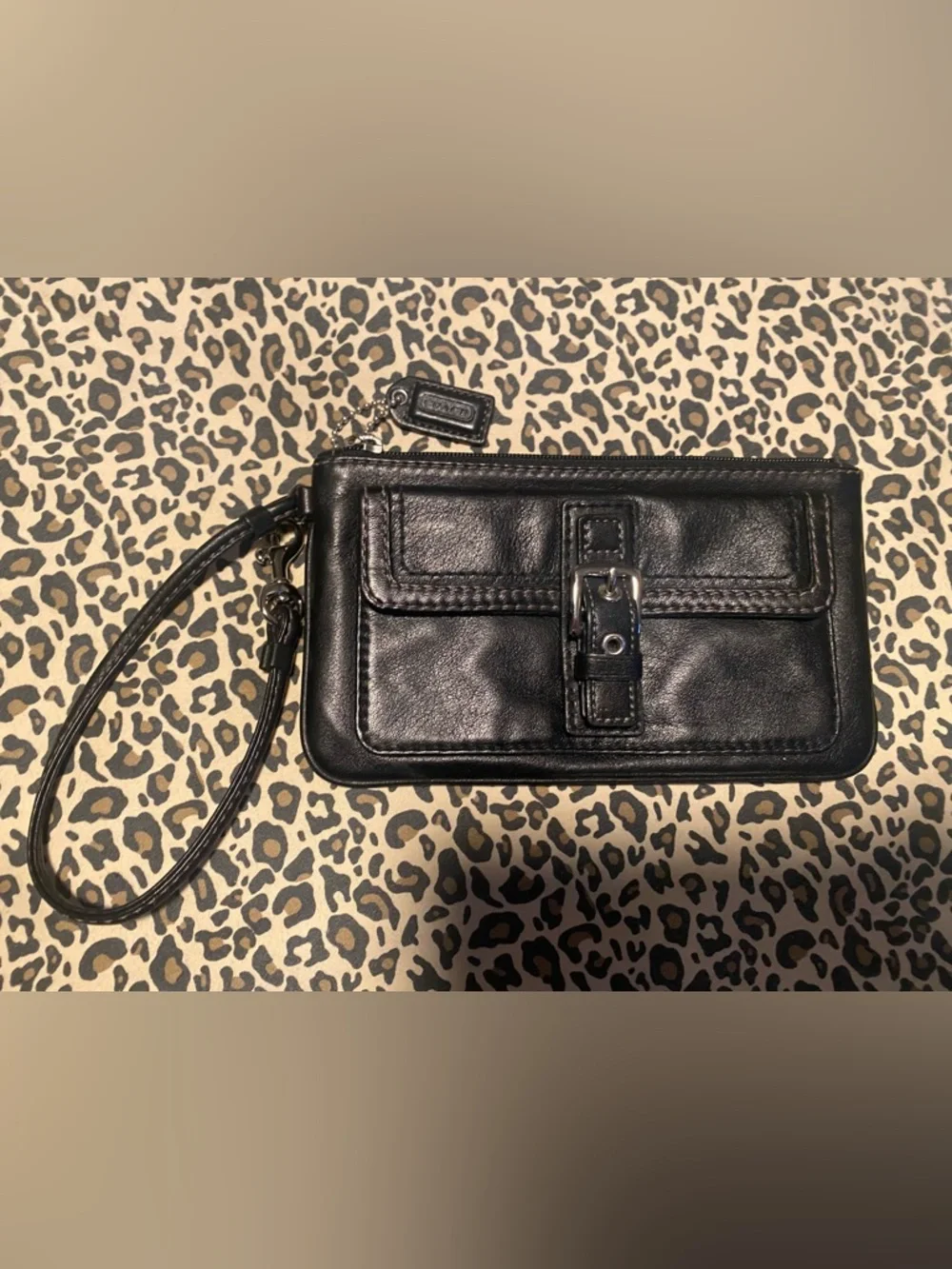 Coach Black Leather Wristlet Clutch with Buckle Accent